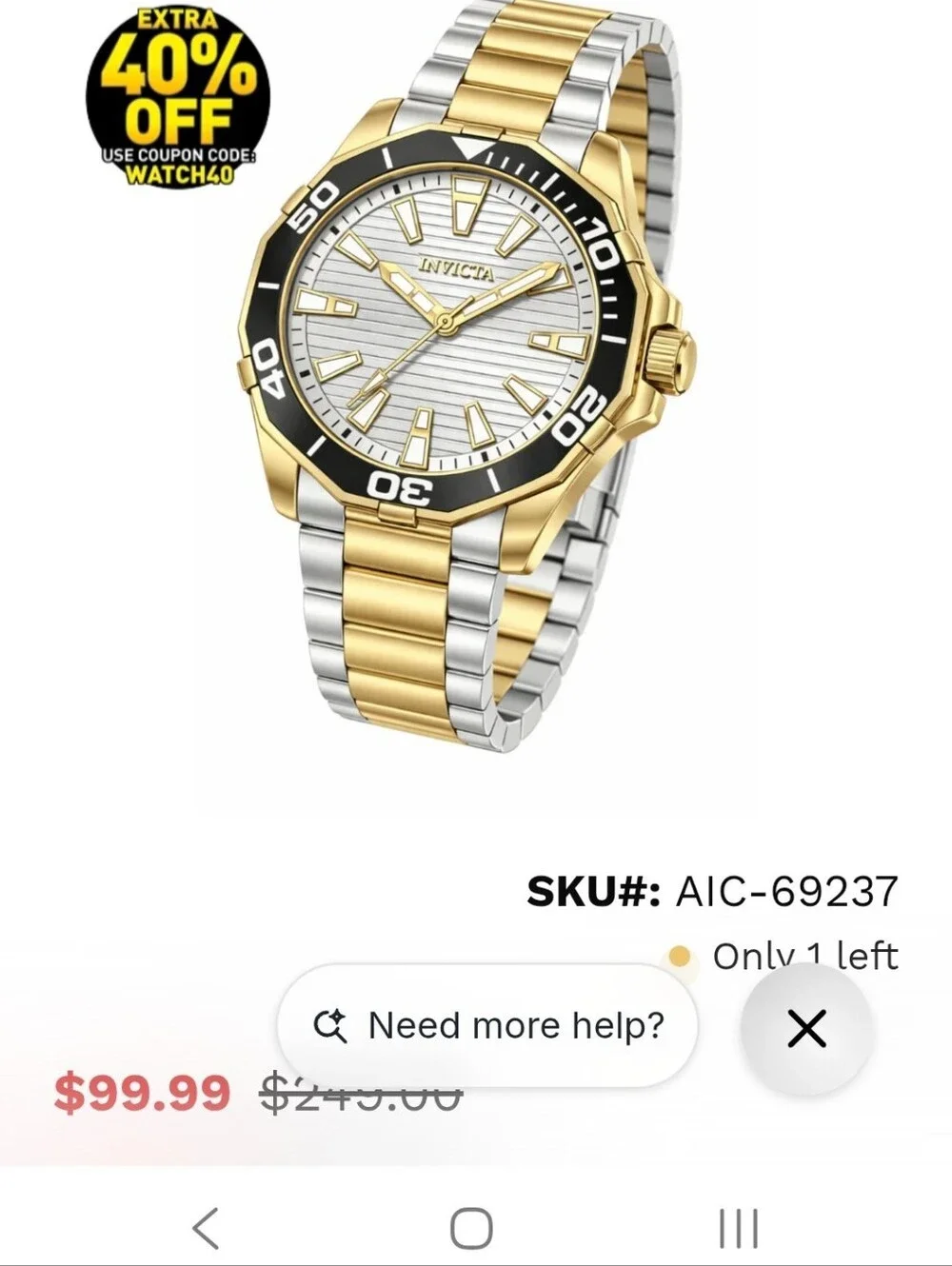 327.  Invicta Pro Diver Men's Watch 46mm, Gold, Steel (69237)